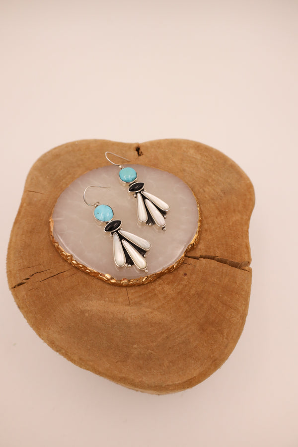 Turquoise, Onyx, and Mother Of Pearl Drop Earring in a unique claw shape