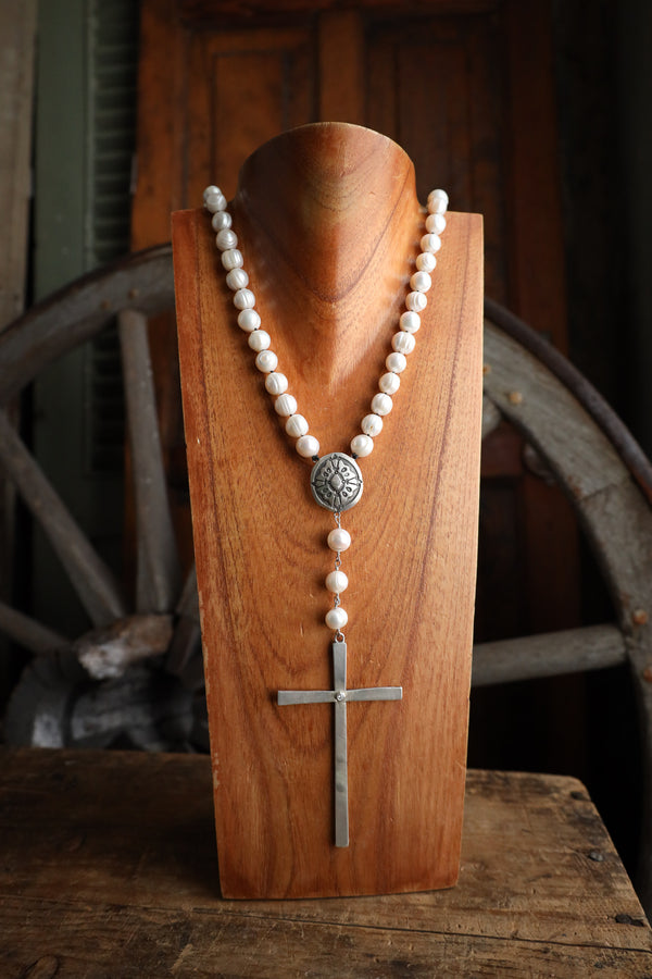 Love Tokens Pearl Rosary Cross Diamond Necklace