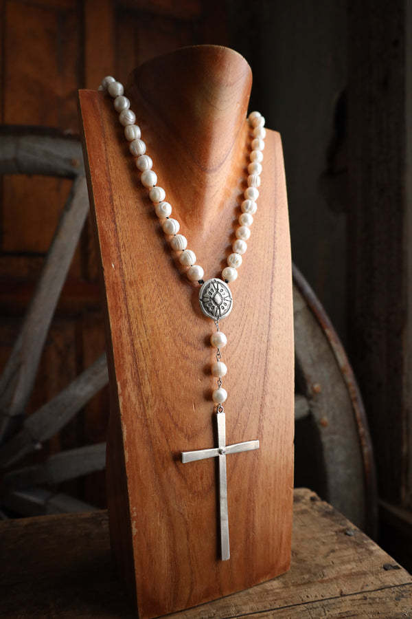 Love Tokens Pearl Rosary Cross Diamond Necklace