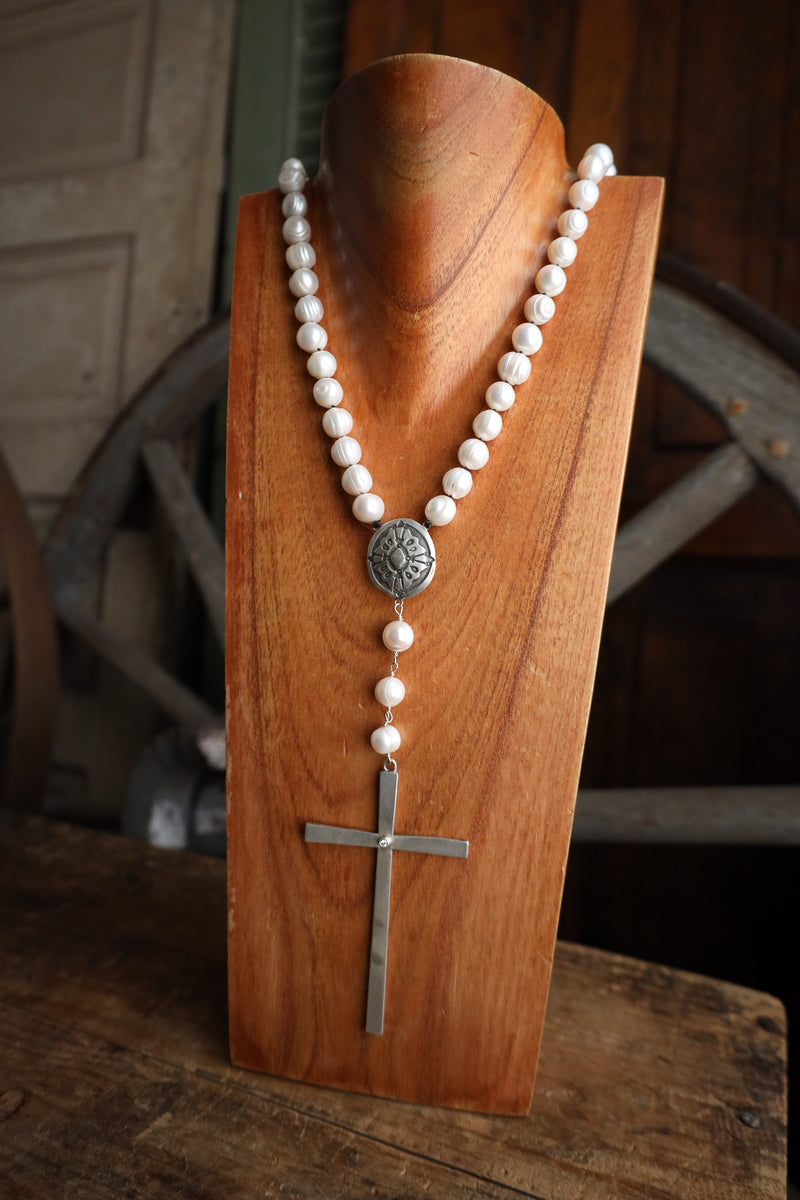 Love Tokens Pearl Rosary Cross Diamond Necklace