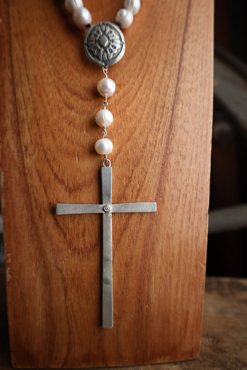 Love Tokens Pearl Rosary Cross Diamond Necklace