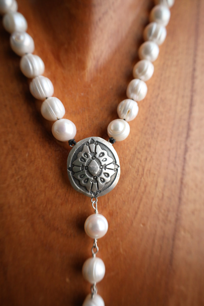 Love Tokens Pearl Rosary Cross Diamond Necklace
