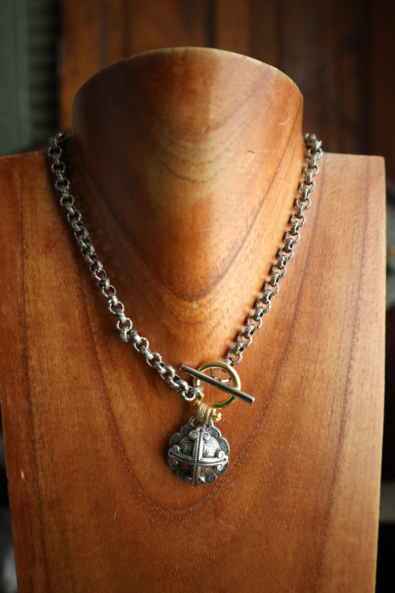 V2 Designs Silver Button Cross Gold Bale Necklace