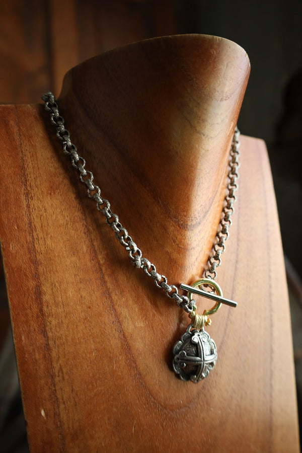 V2 Designs Silver Button Cross Gold Bale Necklace