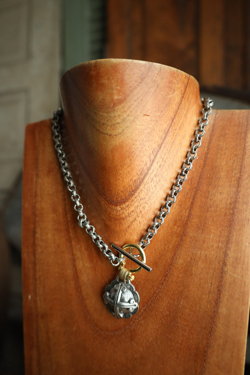 V2 Designs Silver Button Cross Gold Bale Necklace