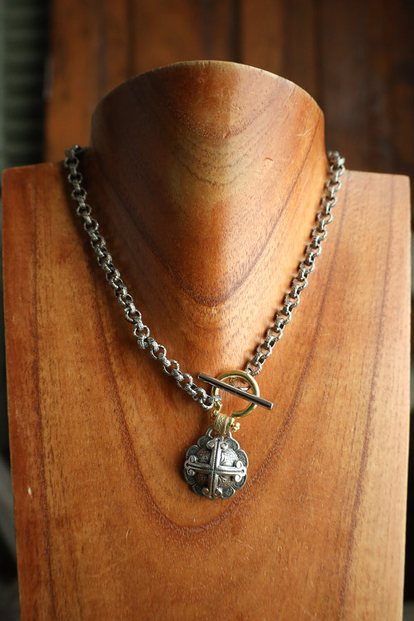 V2 Designs Silver Button Cross Gold Bale Necklace