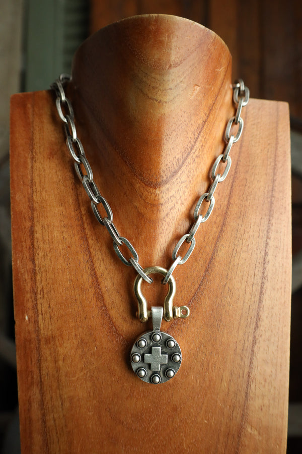 V2 Designs Silver Cross and Dots Brass Shackle Necklace