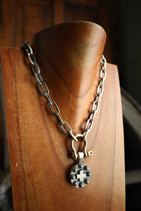 V2 Designs Silver Cross and Dots Brass Shackle Necklace