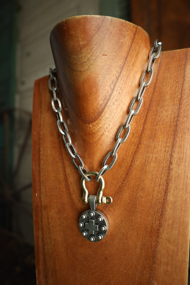 V2 Designs Silver Cross and Dots Brass Shackle Necklace