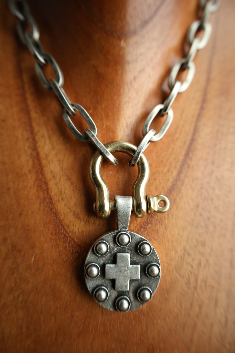 V2 Designs Silver Cross and Dots Brass Shackle Necklace