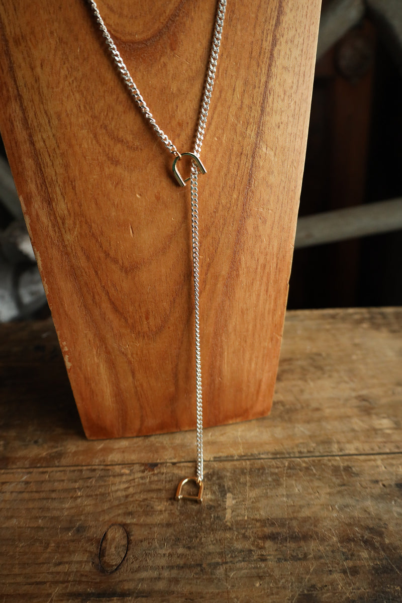 V2 Designs Thin Silver Lariat Gold Stirrups Necklace