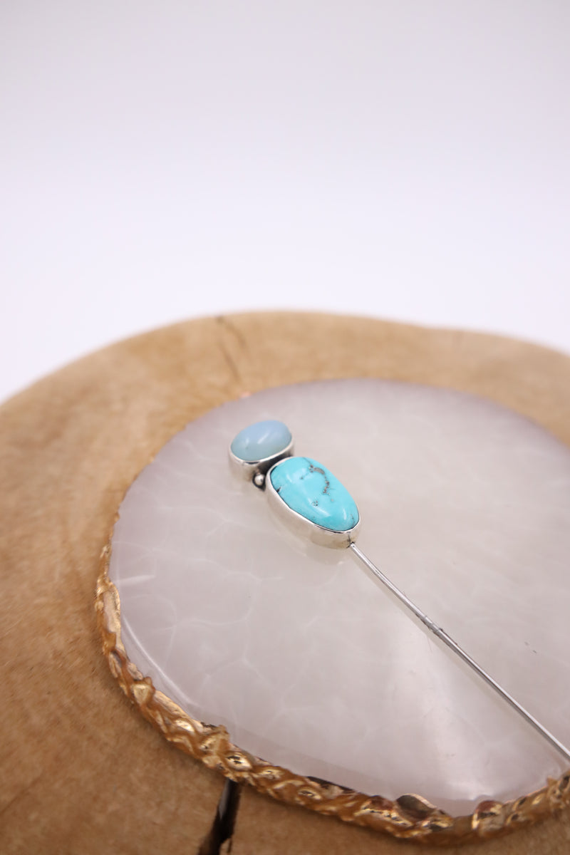 Blue oval and turquoise stone stick hat pin