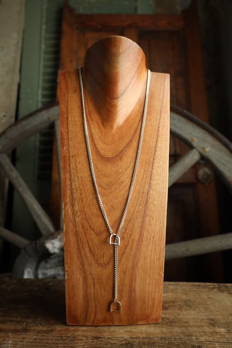 V2 Designs Thin Silver Lariat Gold Stirrups Necklace