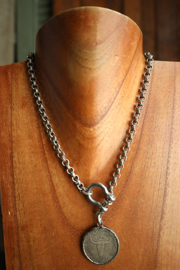 V2 Designs Steer Head Coin Silver Shackle Necklace