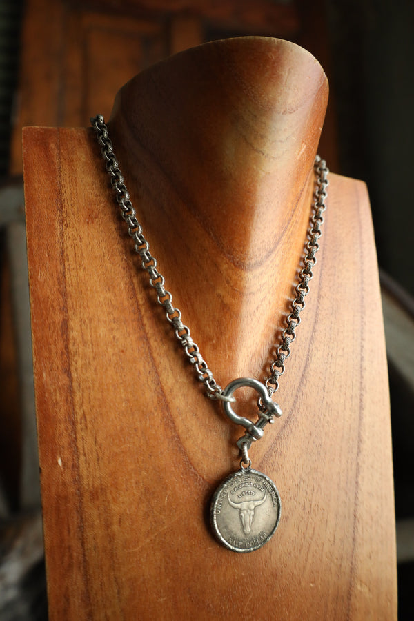 V2 Designs Steer Head Coin Silver Shackle Necklace