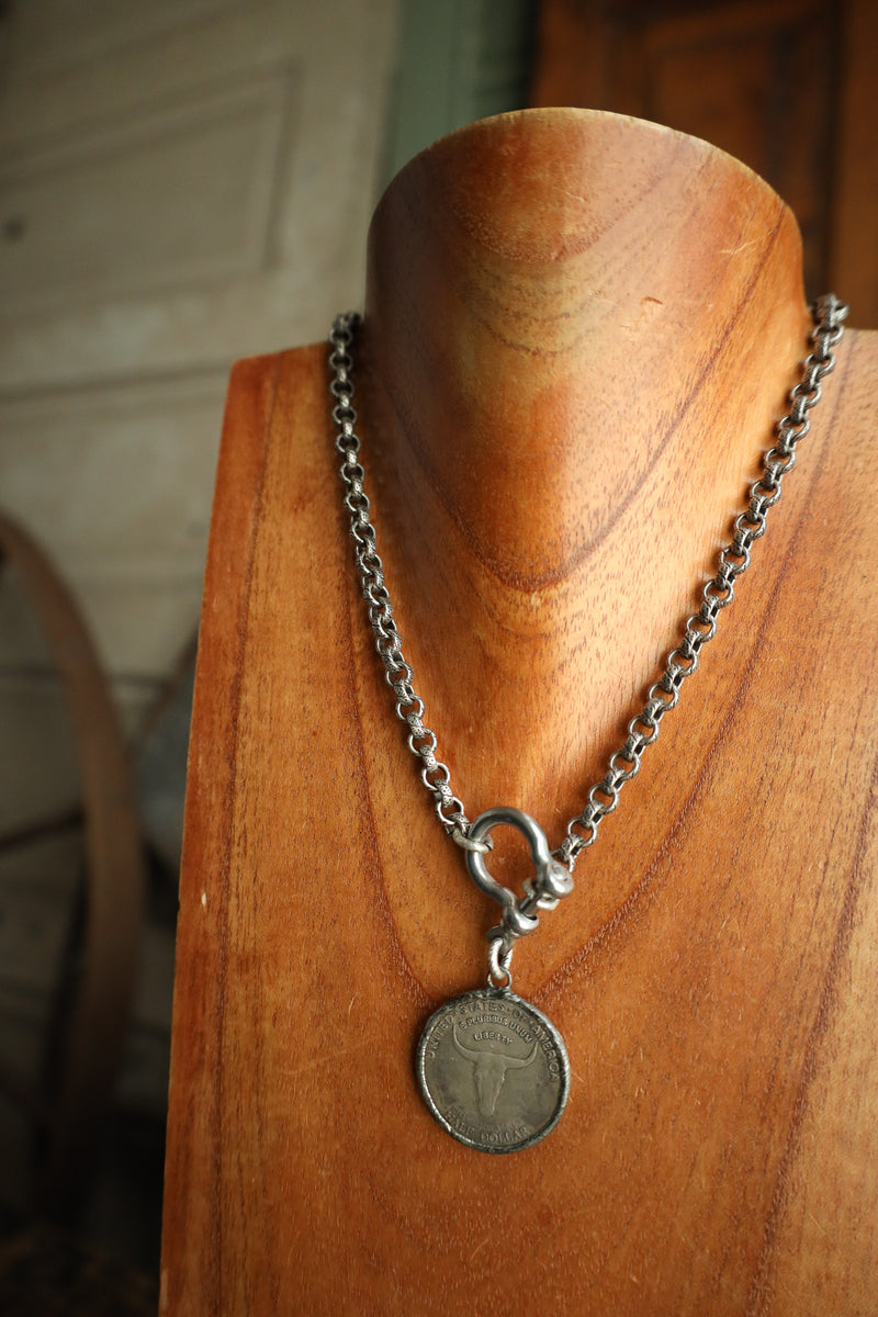 V2 Designs Steer Head Coin Silver Shackle Necklace