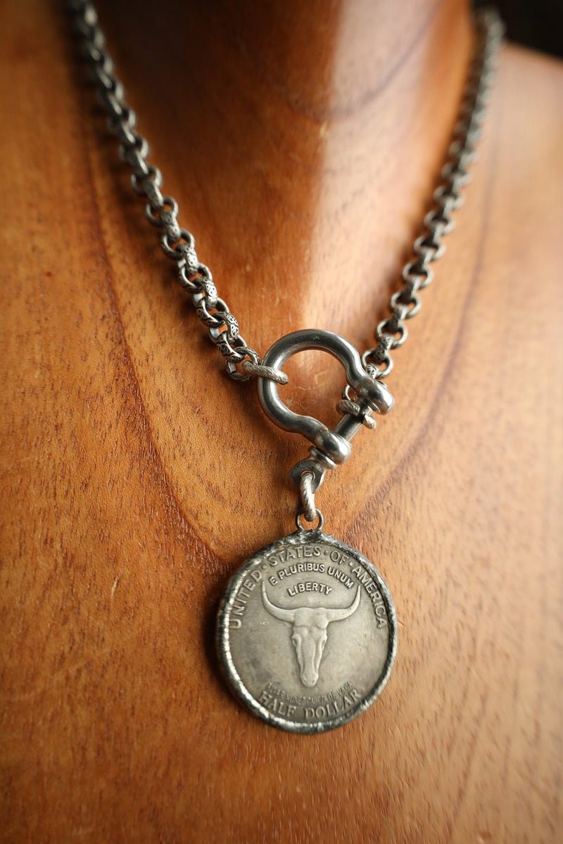V2 Designs Steer Head Coin Silver Shackle Necklace