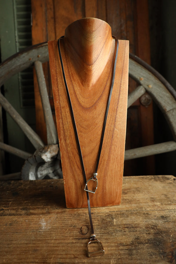 V2 Designs Silver Stirrups Leather Lariat Necklace