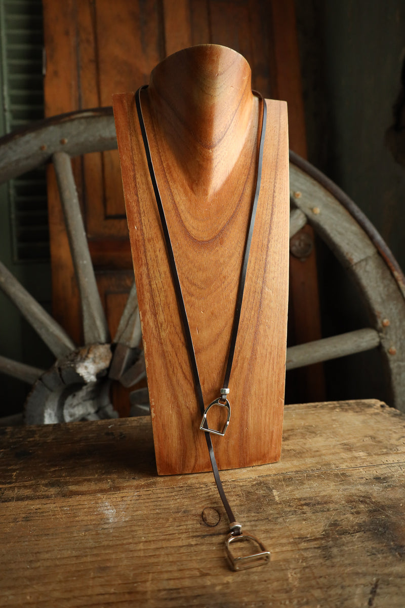 V2 Designs Silver Stirrups Leather Lariat Necklace