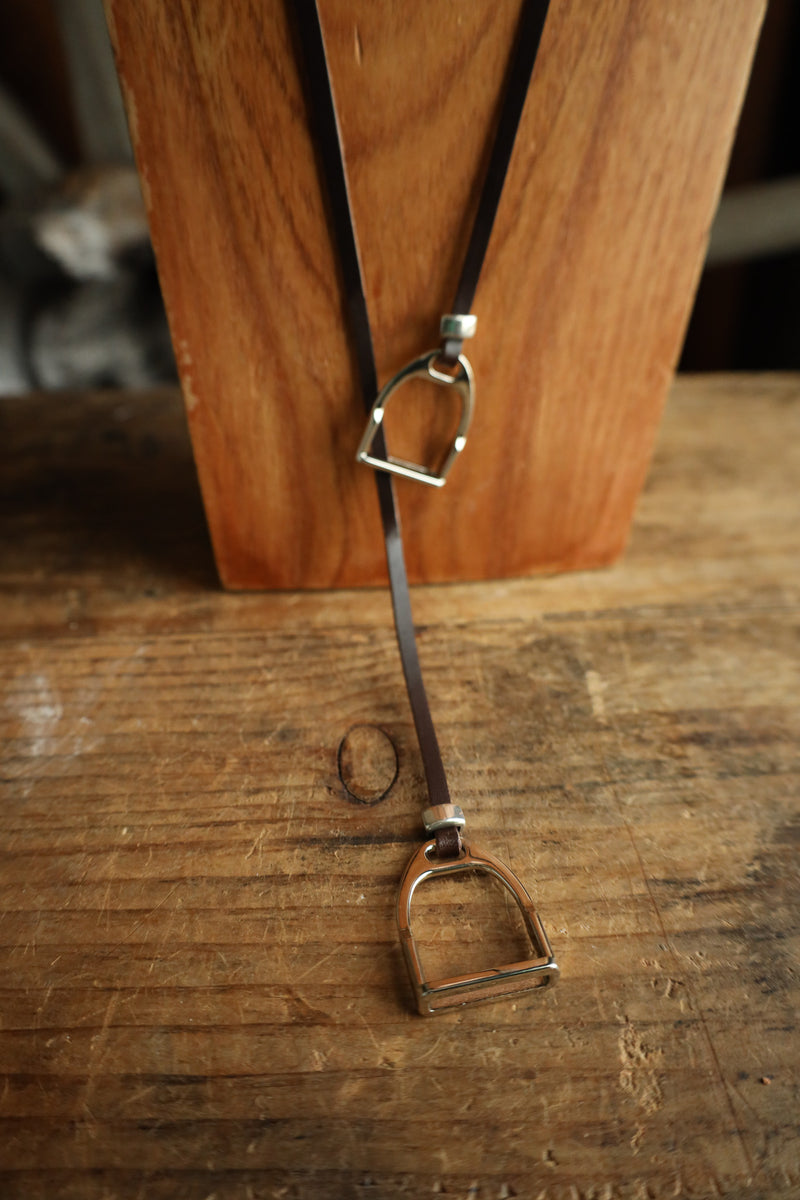 V2 Designs Silver Stirrups Leather Lariat Necklace