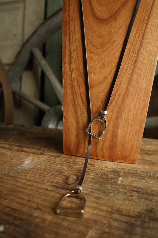 V2 Designs Silver Stirrups Leather Lariat Necklace