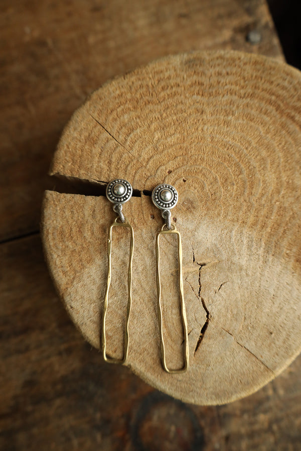 V2 Silver Button Gold Open Rectangle Earring