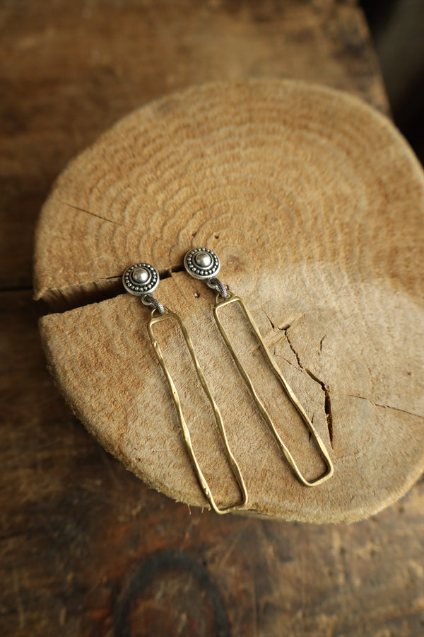 V2 Silver Button Gold Open Rectangle Earring