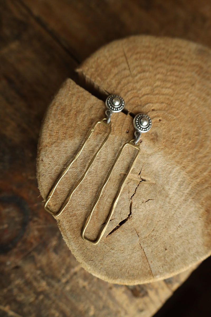 V2 Silver Button Gold Open Rectangle Earring