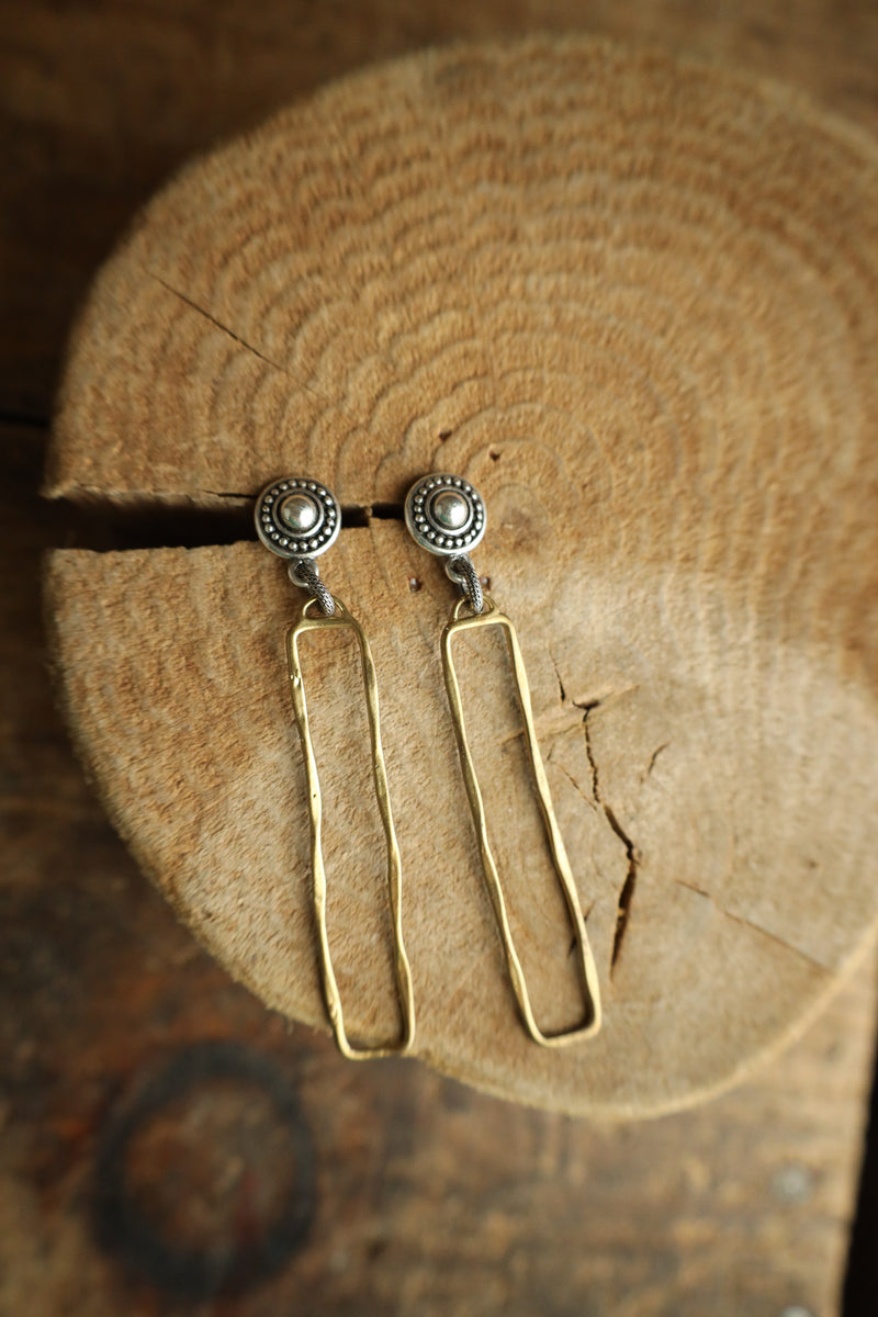 V2 Silver Button Gold Open Rectangle Earring