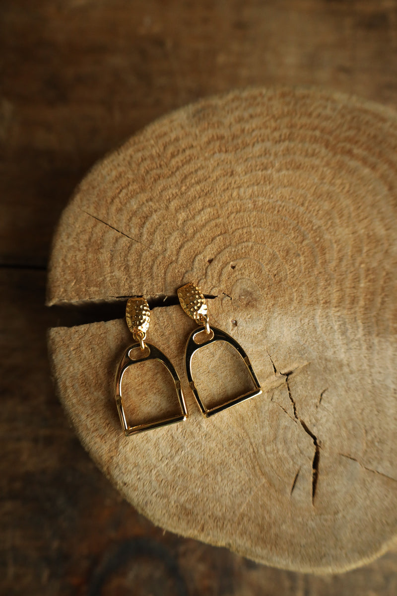 V2 Designs Gold Stirrup Hammered Earring