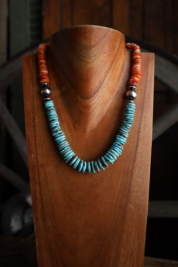 Richard Schmidt 20" Turquoise Disks Spiny Oyster Rondelles Necklace