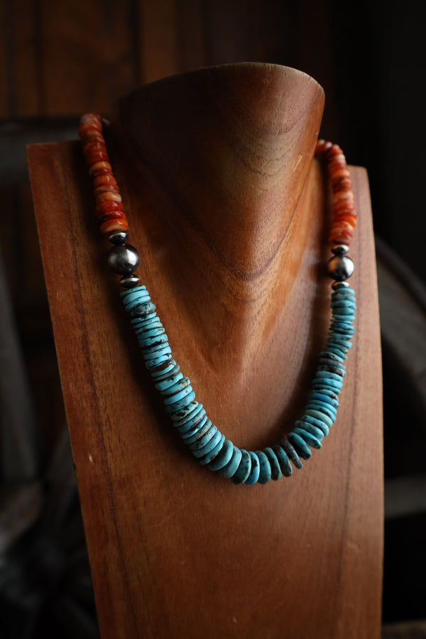 Richard Schmidt 20" Turquoise Disks Spiny Oyster Rondelles Necklace