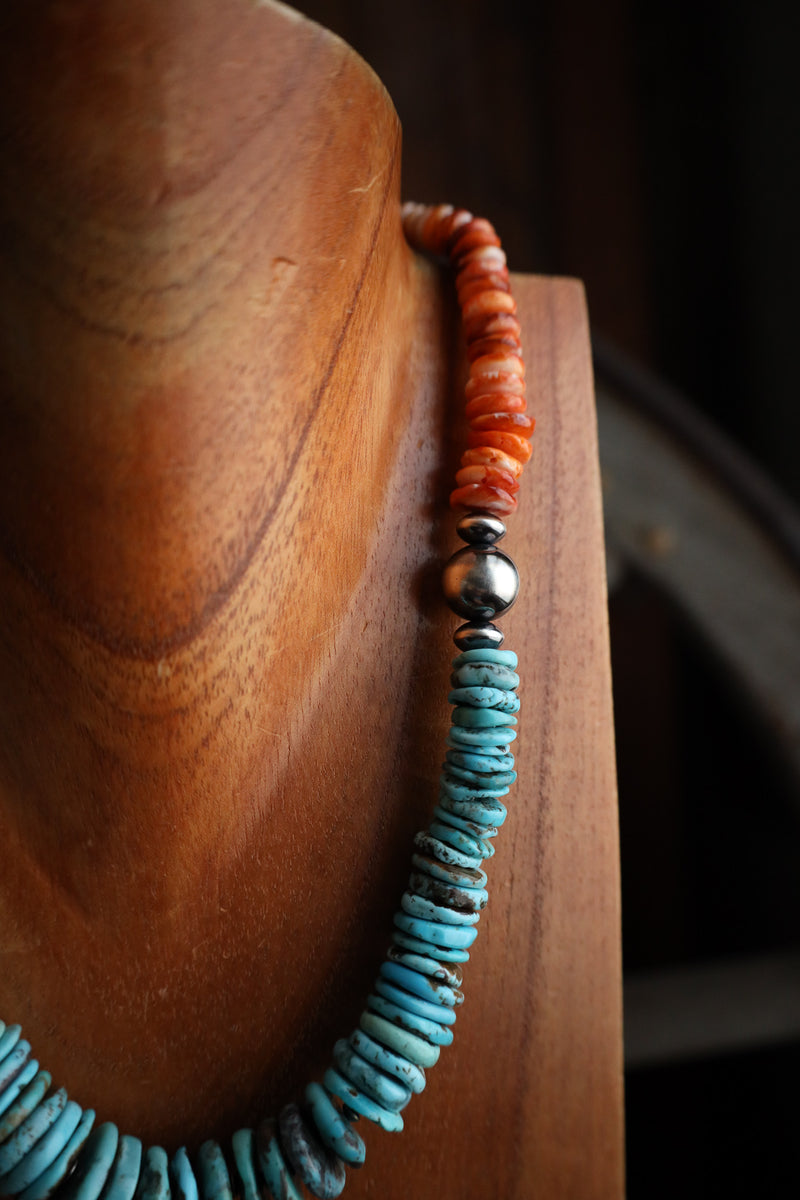 Richard Schmidt 20" Turquoise Disks Spiny Oyster Rondelles Necklace