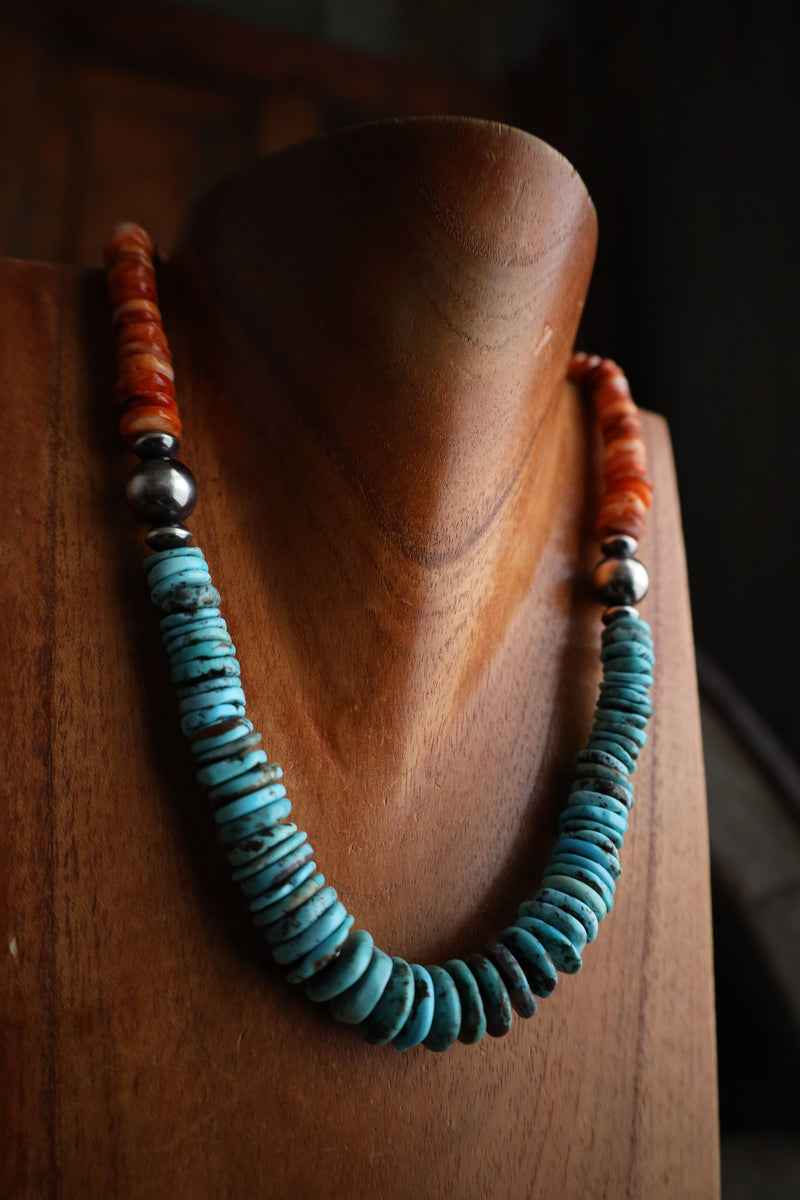 Richard Schmidt 20" Turquoise Disks Spiny Oyster Rondelles Necklace