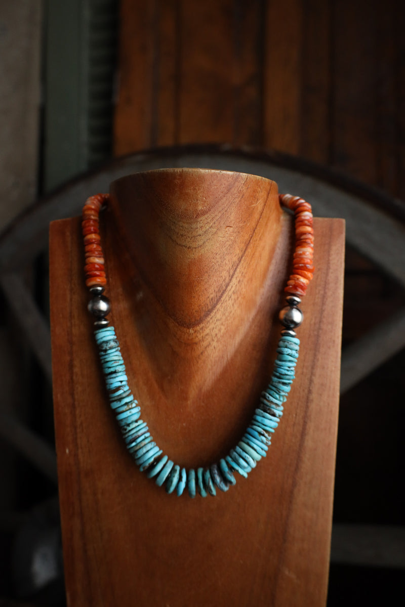 Richard Schmidt 20" Turquoise Disks Spiny Oyster Rondelles Necklace