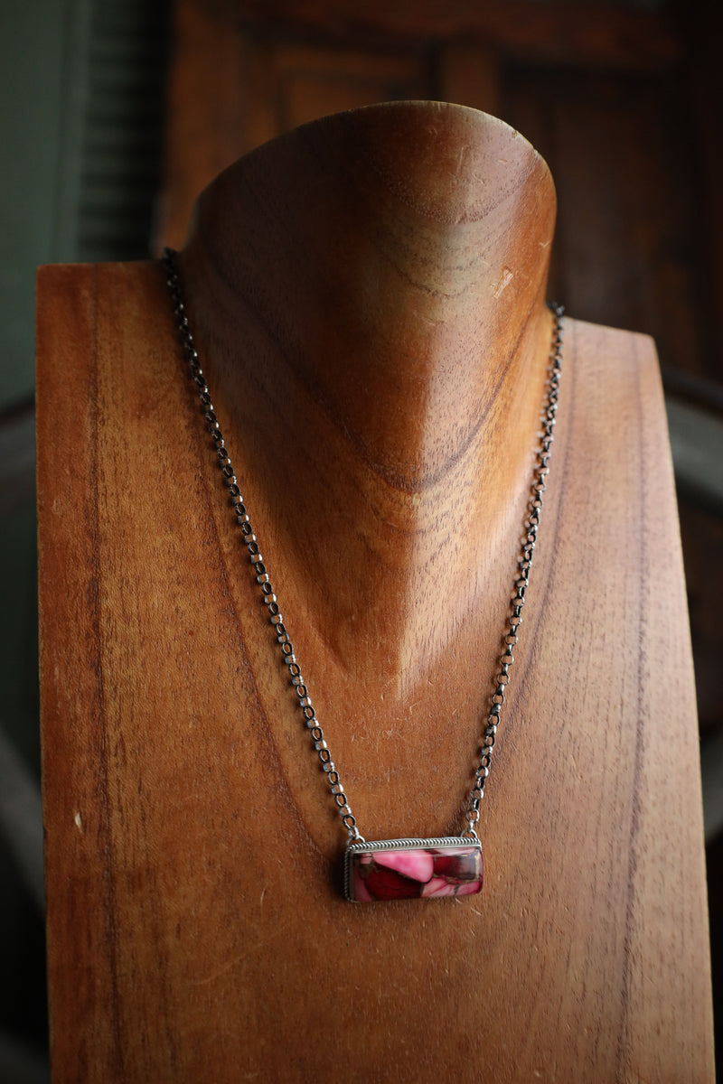 Pink Dahlia Rectangle Necklace 
