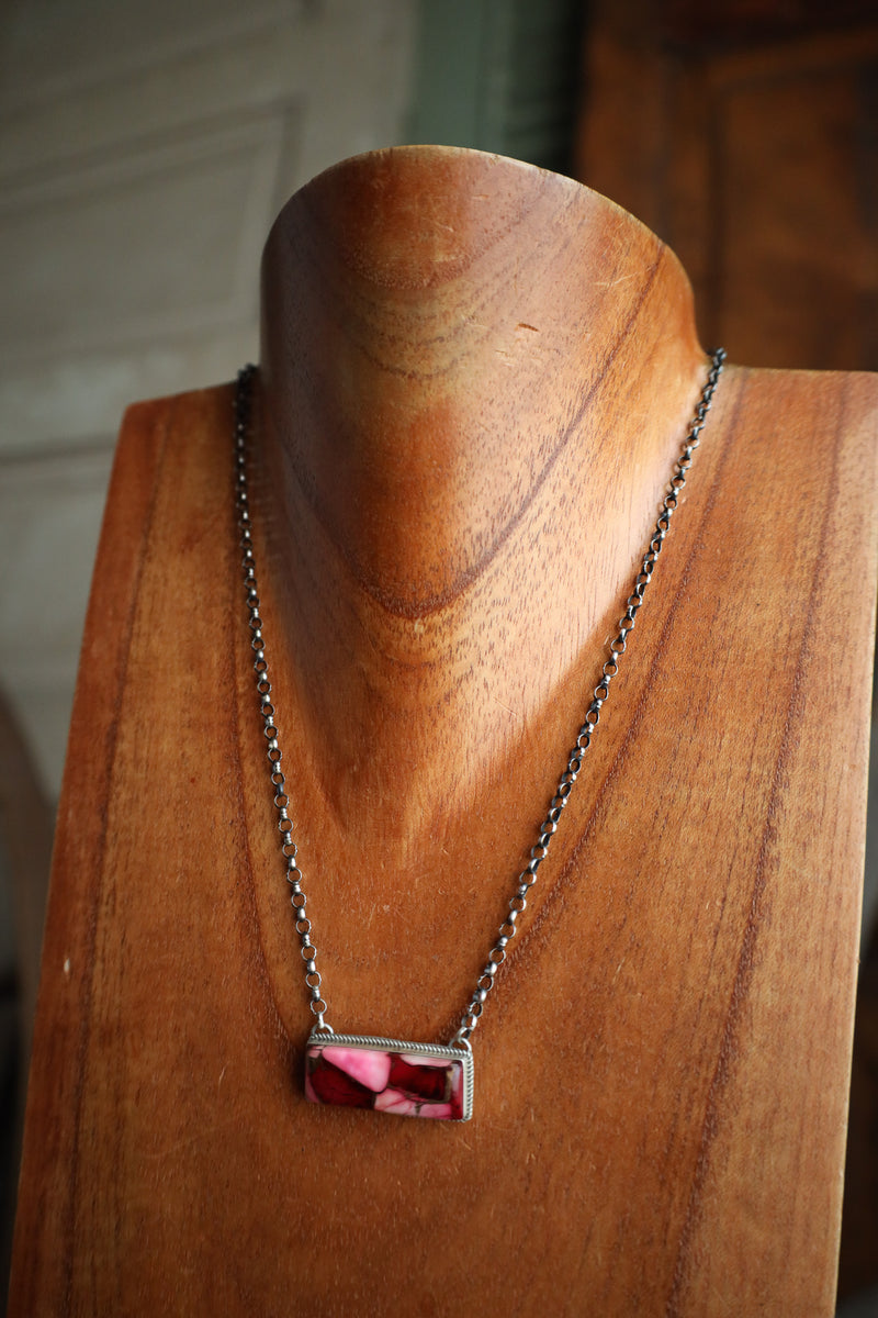 Pink Dahlia Rectangle Necklace 