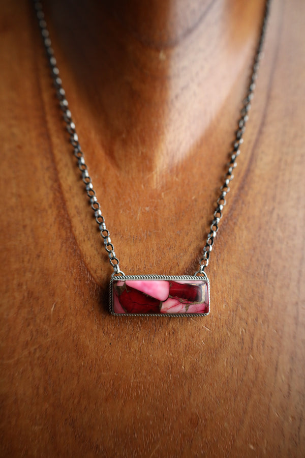 Pink Dahlia Rectangle Necklace 