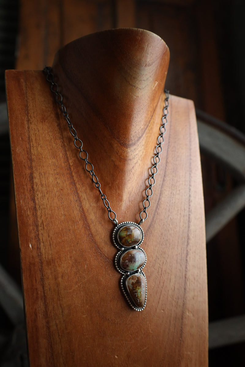 3 Brown and Green Turquoise Stacked Chain Necklace 