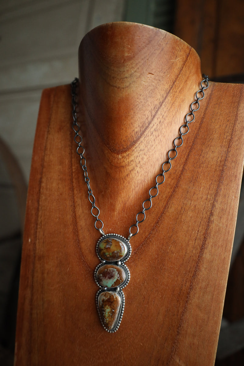 3 Brown and Green Turquoise Stacked Chain Necklace 