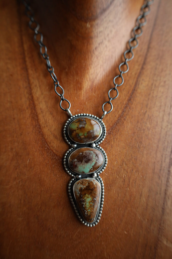 3 Brown and Green Turquoise Stacked Chain Necklace 