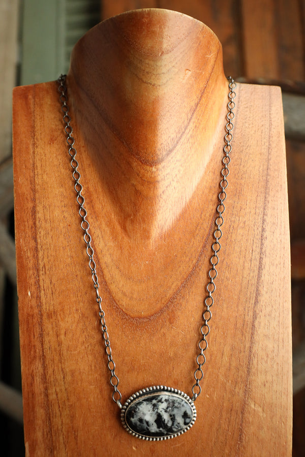 White Buffalo Oval Sterling Silver Dots Necklace