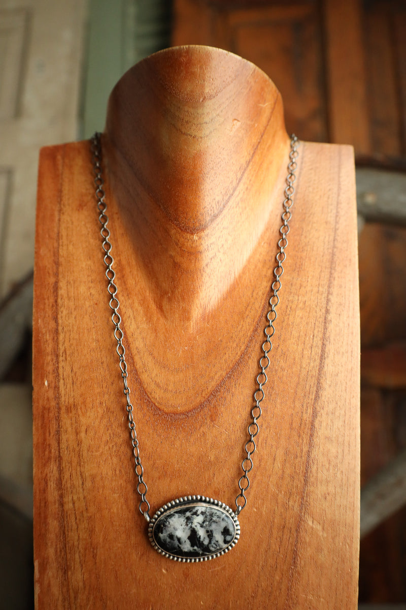 White Buffalo Oval Sterling Silver Dots Necklace