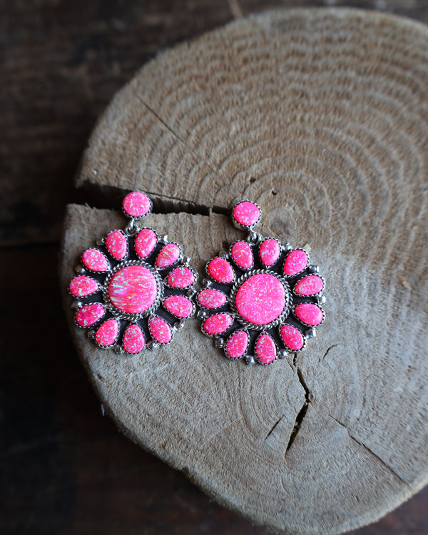 Large Pink Opalescent Flower Drop Earring