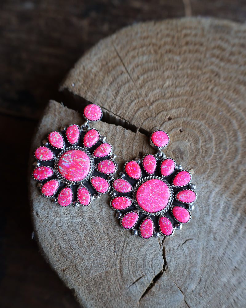 Large Pink Opalescent Flower Drop Earring