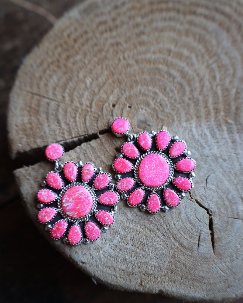 Large Pink Opalescent Flower Drop Earring