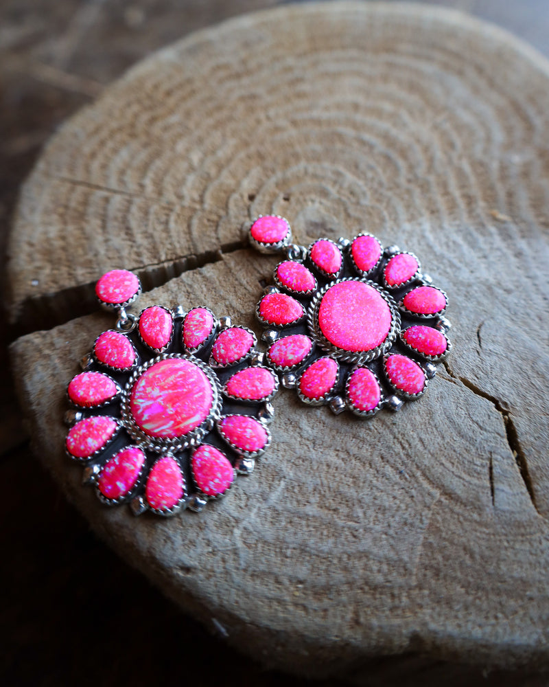 Large Pink Opalescent Flower Drop Earring