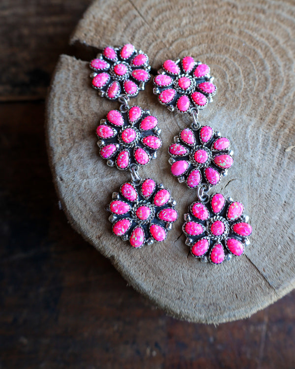 3 PINK OPALESCENT FLOWERS EARRING