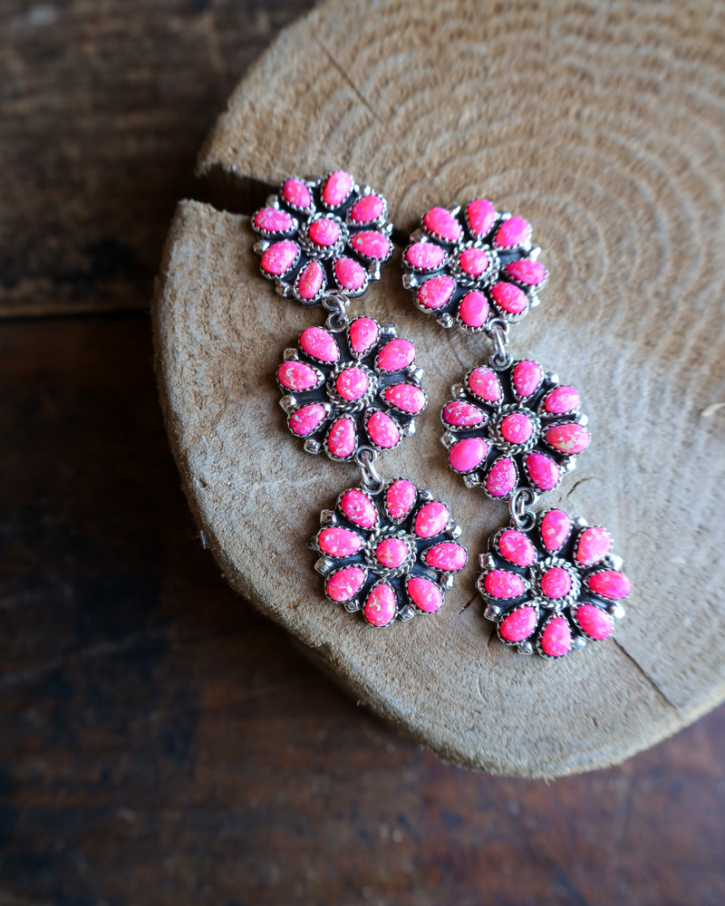 3 PINK OPALESCENT FLOWERS EARRING