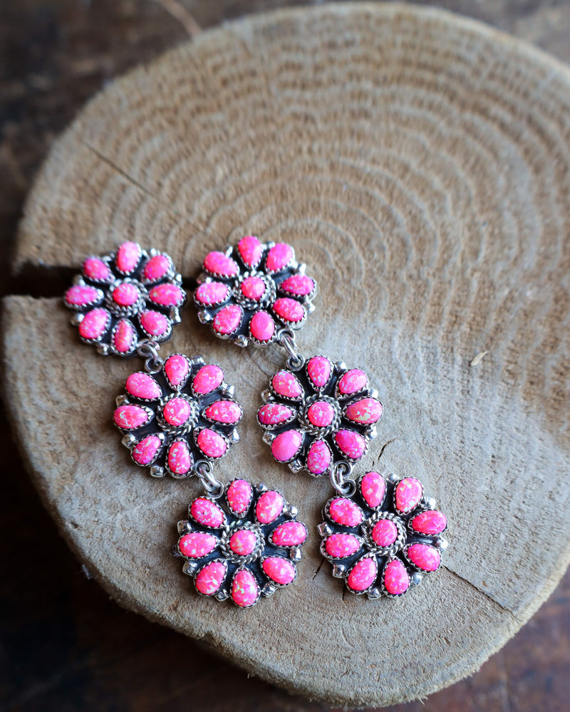 3 PINK OPALESCENT FLOWERS EARRING